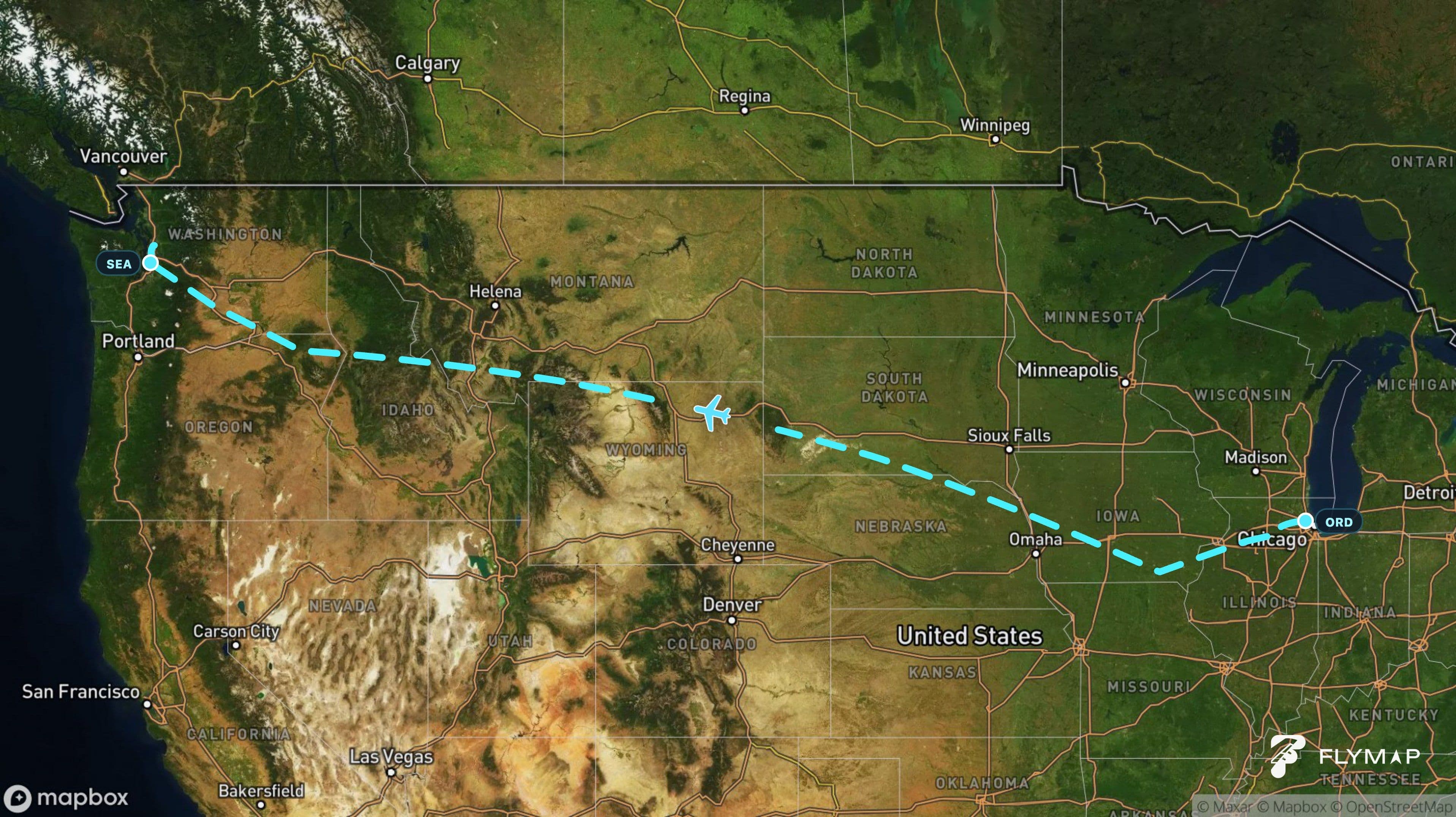 Map of the flight path from Chicago O'Hare to Seattle–Tacoma across the northern United States