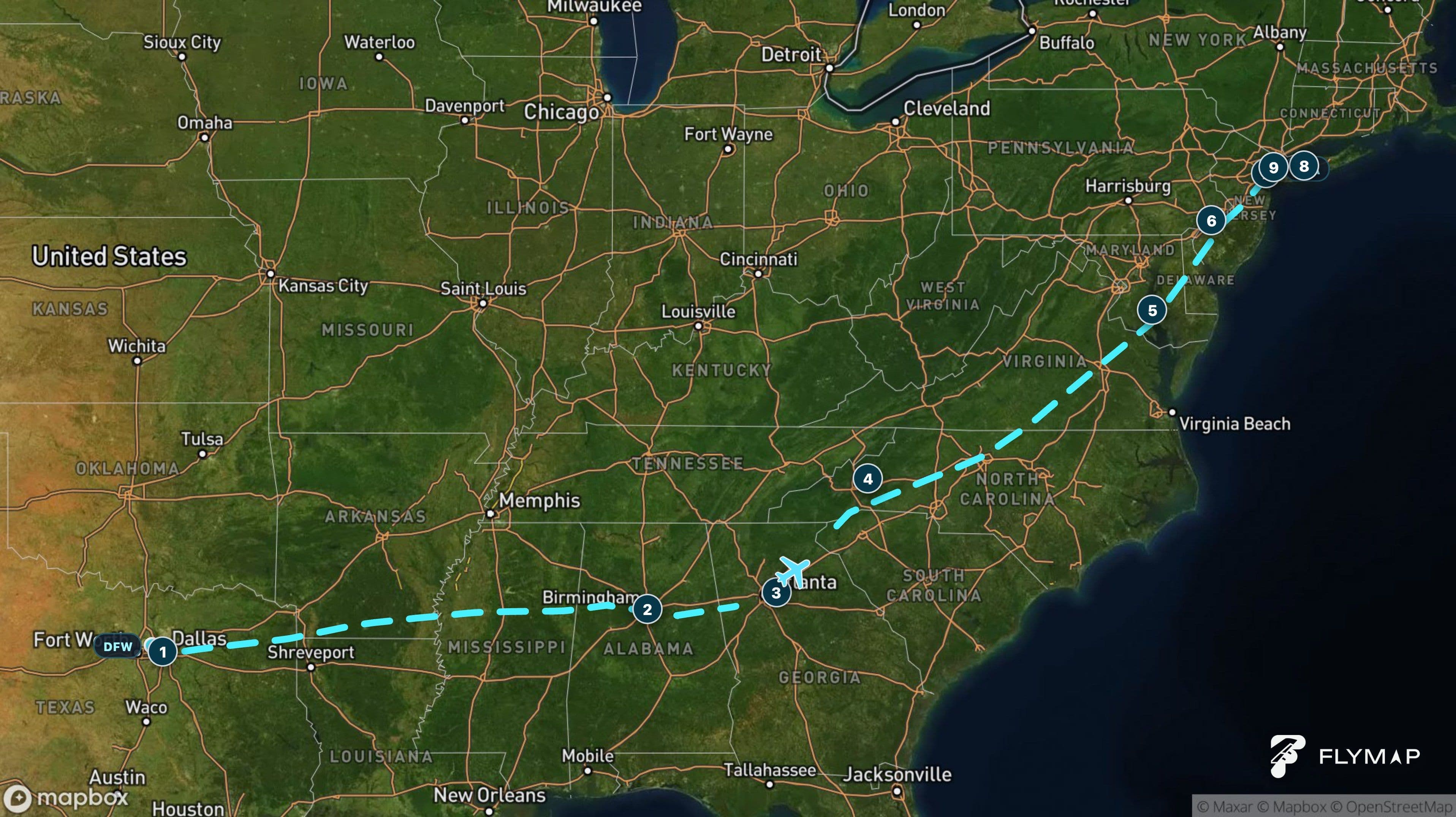 Map of the Dallas-Fort Worth to New York LaGuardia flight route across the southern and eastern United States