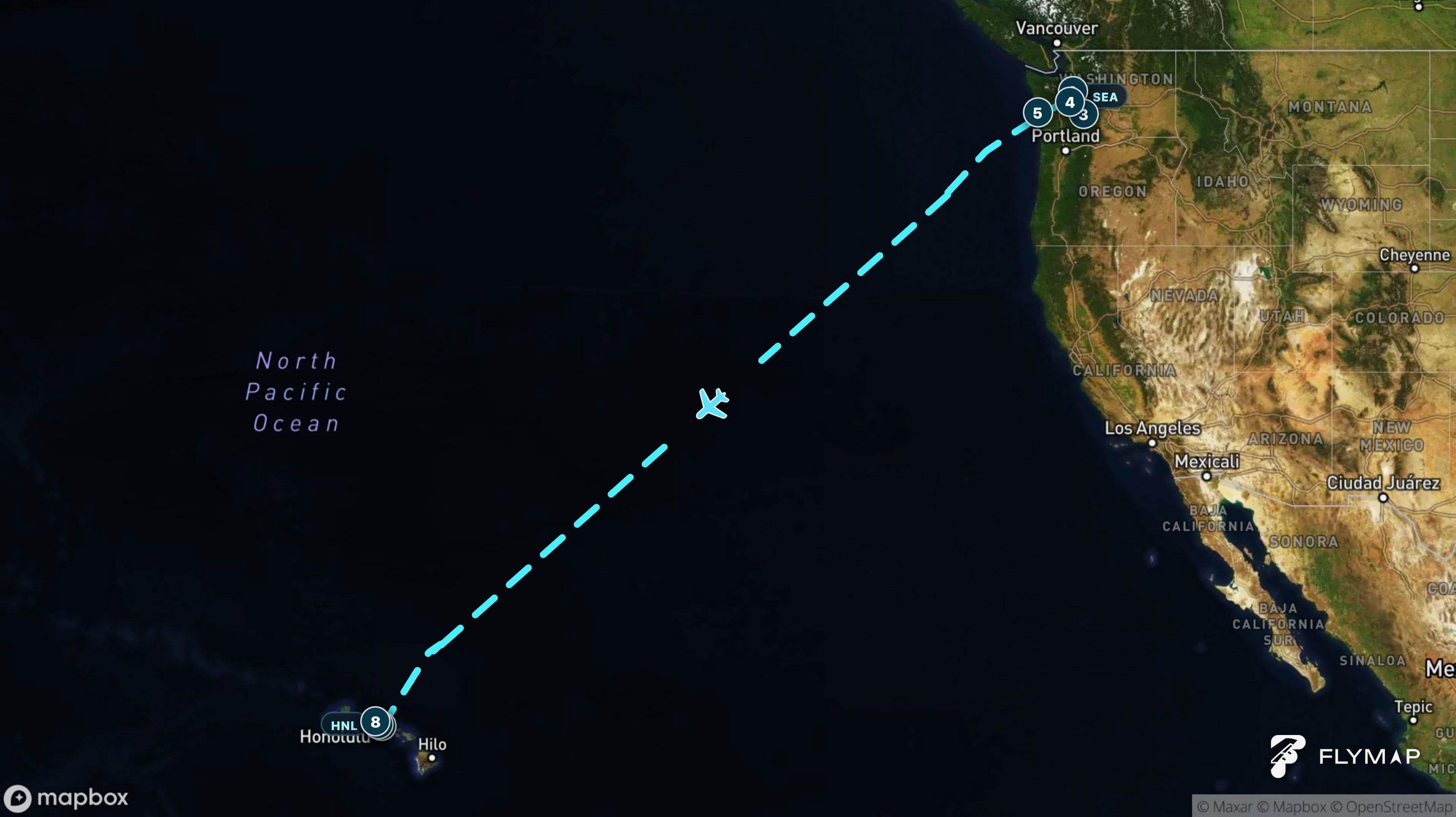 Flight path from Seattle across the Pacific Ocean toward Honolulu on Oʻahu