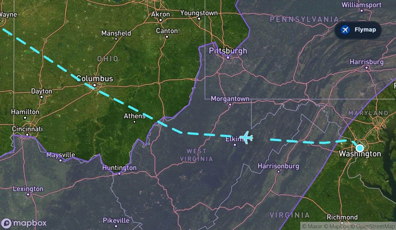 Map highlight of the Appalachian Mountains along the Washington to Chicago route