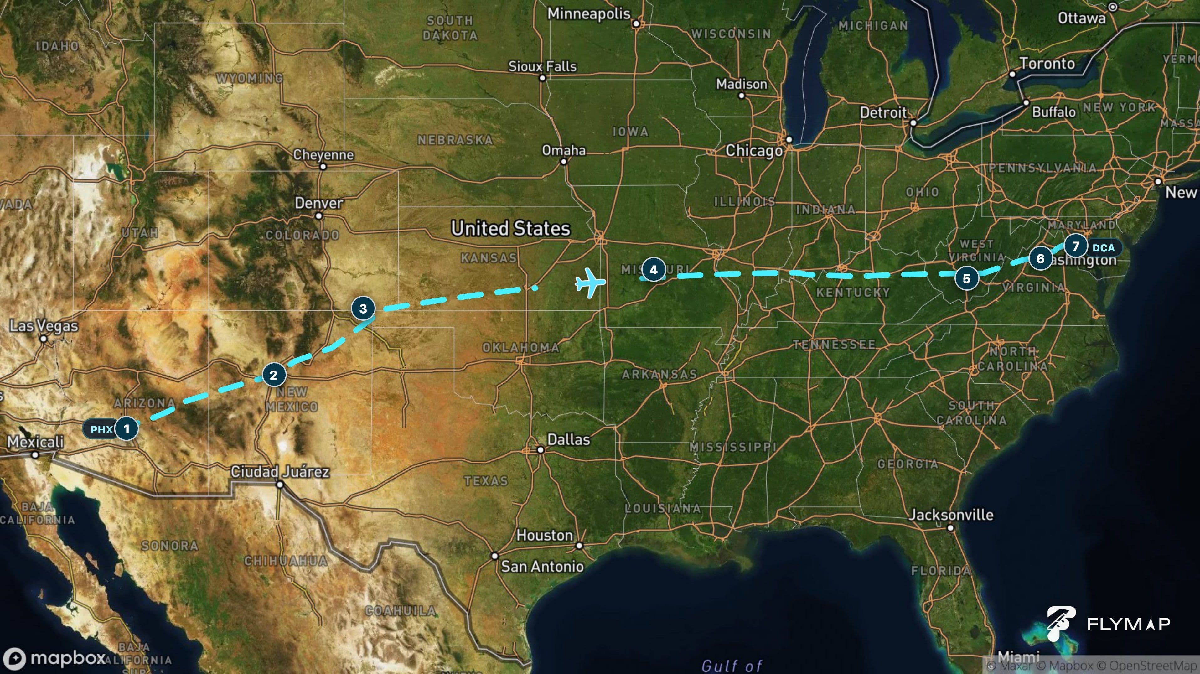 Map of the Phoenix to Washington flight route crossing the Sonoran Desert, Great Plains and Appalachian Mountains