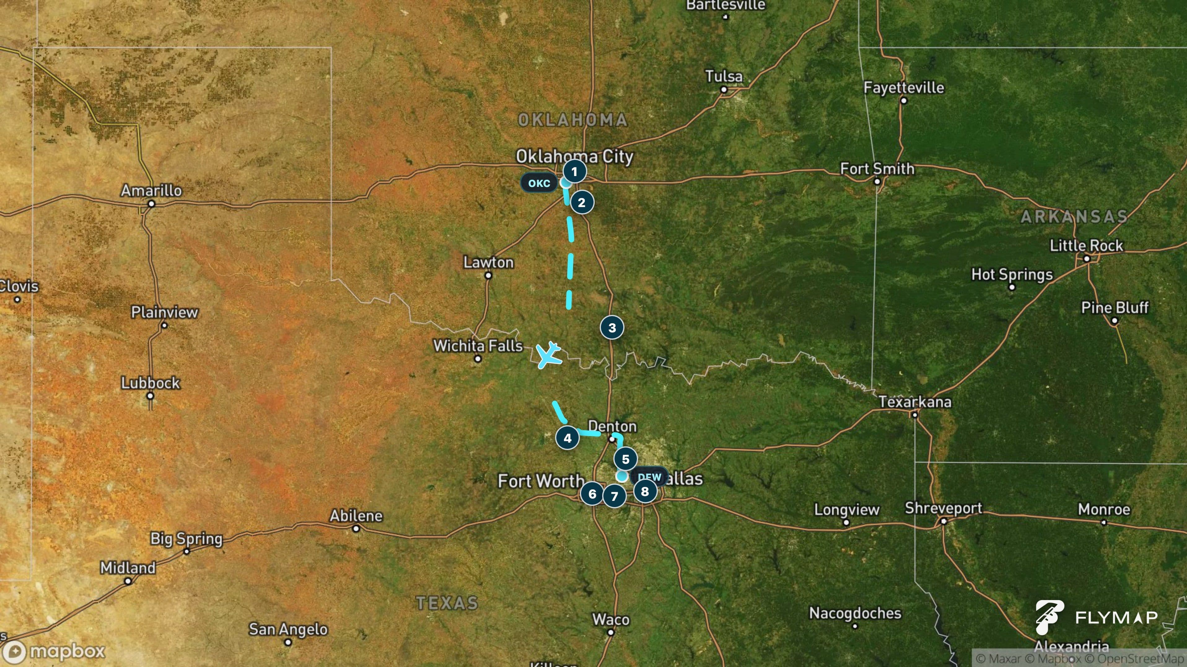 Map of the flight route from Oklahoma City to Dallas-Fort Worth across Oklahoma and north Texas