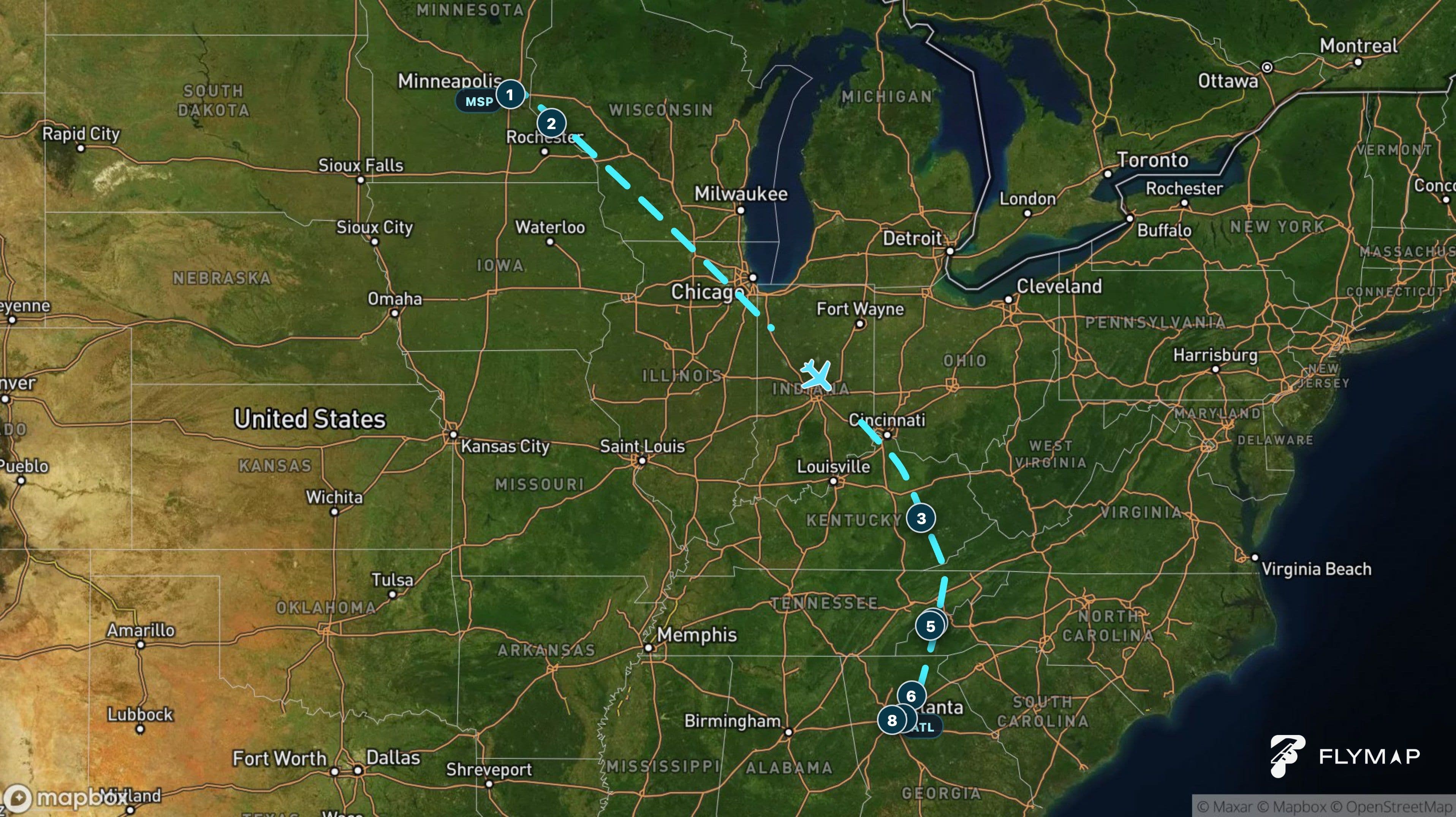 Map of the flight route from Minneapolis to Atlanta across the Midwest and Appalachian Mountains