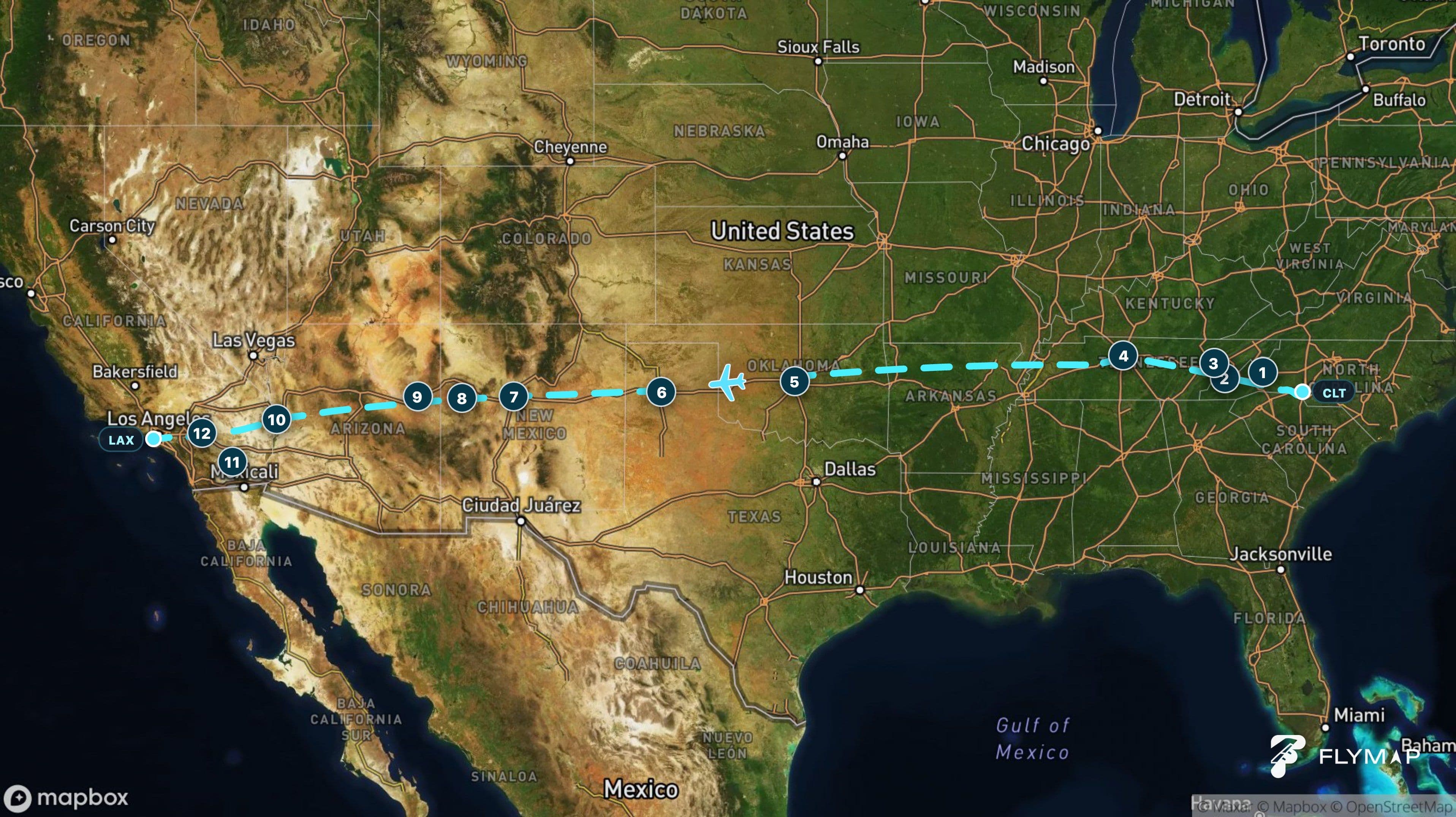 Map of the Charlotte to Los Angeles flight route crossing the Appalachians, Great Plains, Southwest plateaus, Sonoran Desert, and Southern California.