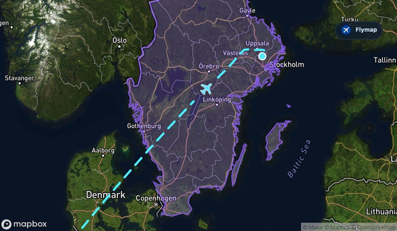 Map view of the route across Sweden toward Stockholm-Arlanda Airport