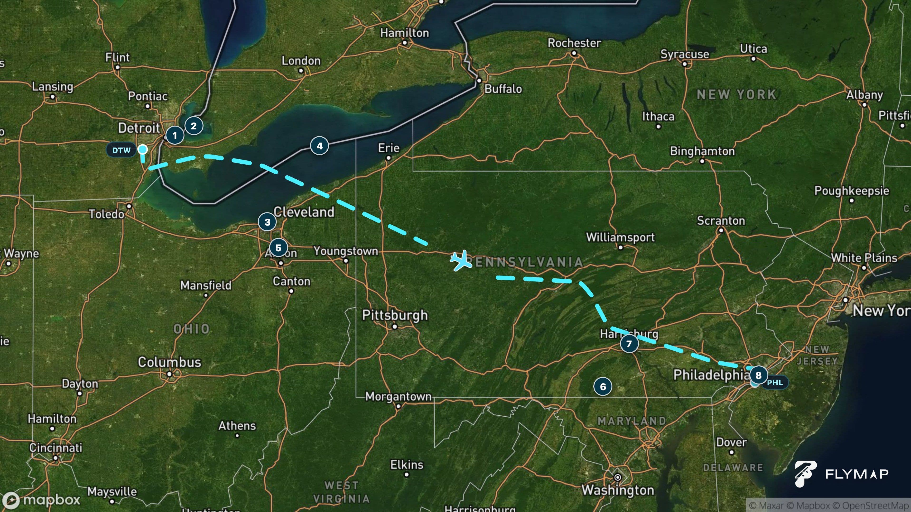 Map of the route from Detroit to Philadelphia, crossing Lake Erie, Ontario, Ohio and Pennsylvania