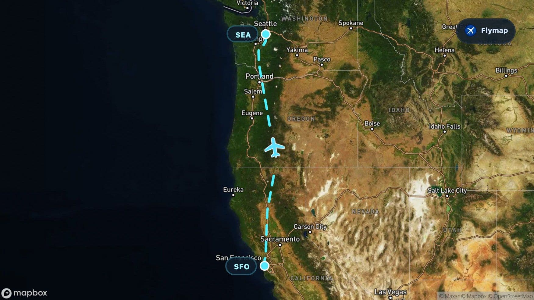 Map of the San Francisco to Seattle flight route crossing California, Oregon, Washington and the Cascade Range
