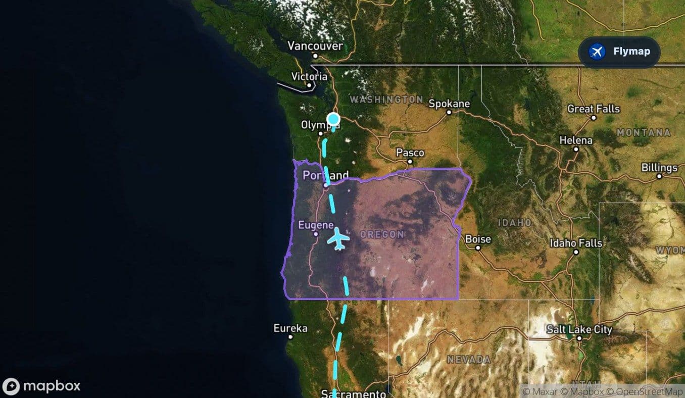 Map showing the Oregon section of the San Francisco to Seattle flight route