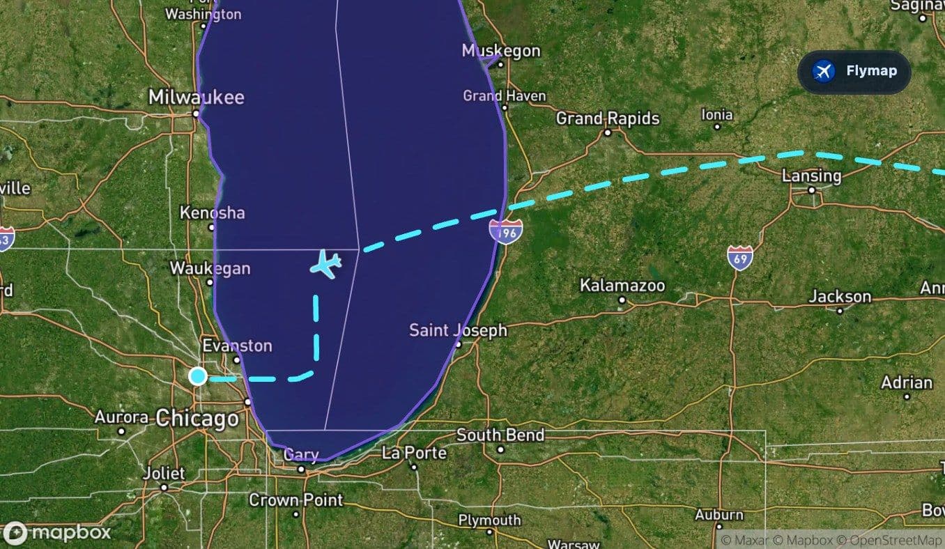 Map highlight of Lake Michigan near the approach to Chicago