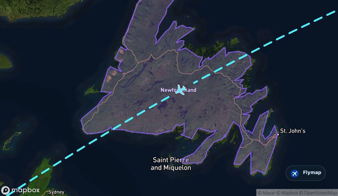 Map of Newfoundland on the North American side of the transatlantic route